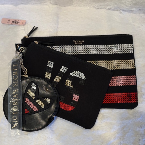 Victoria's Secret Handbags - Victoria's Secret Black, Pink, and Red Sequin Pouch Trio with Free Tote & Socks